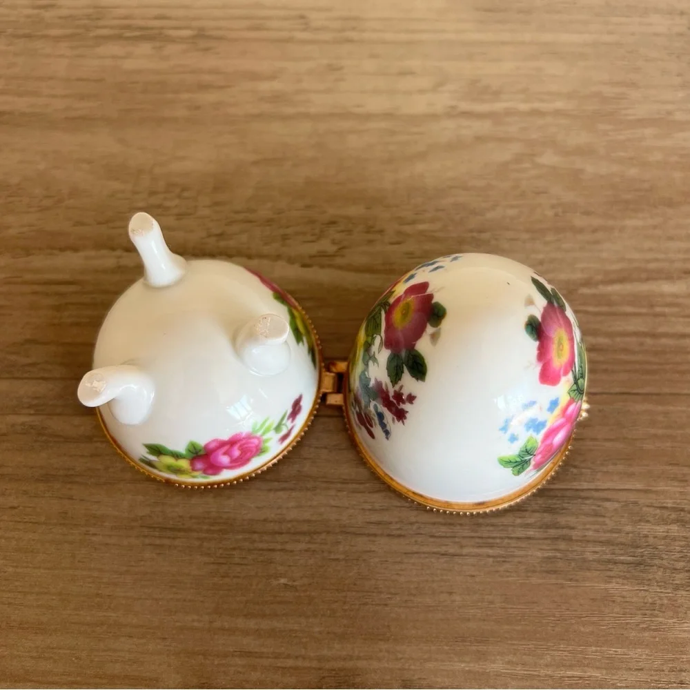 Vintage Porcelain Egg Trinket Box Jewelry Holder Floral Hinged Decor